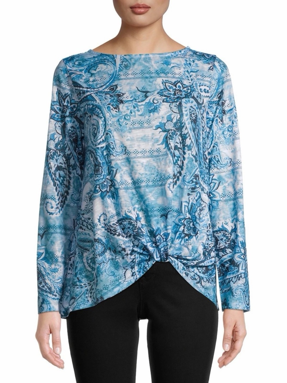 Time and Tru Teal and Blue Paisley Boatneck Long Sleeve Top